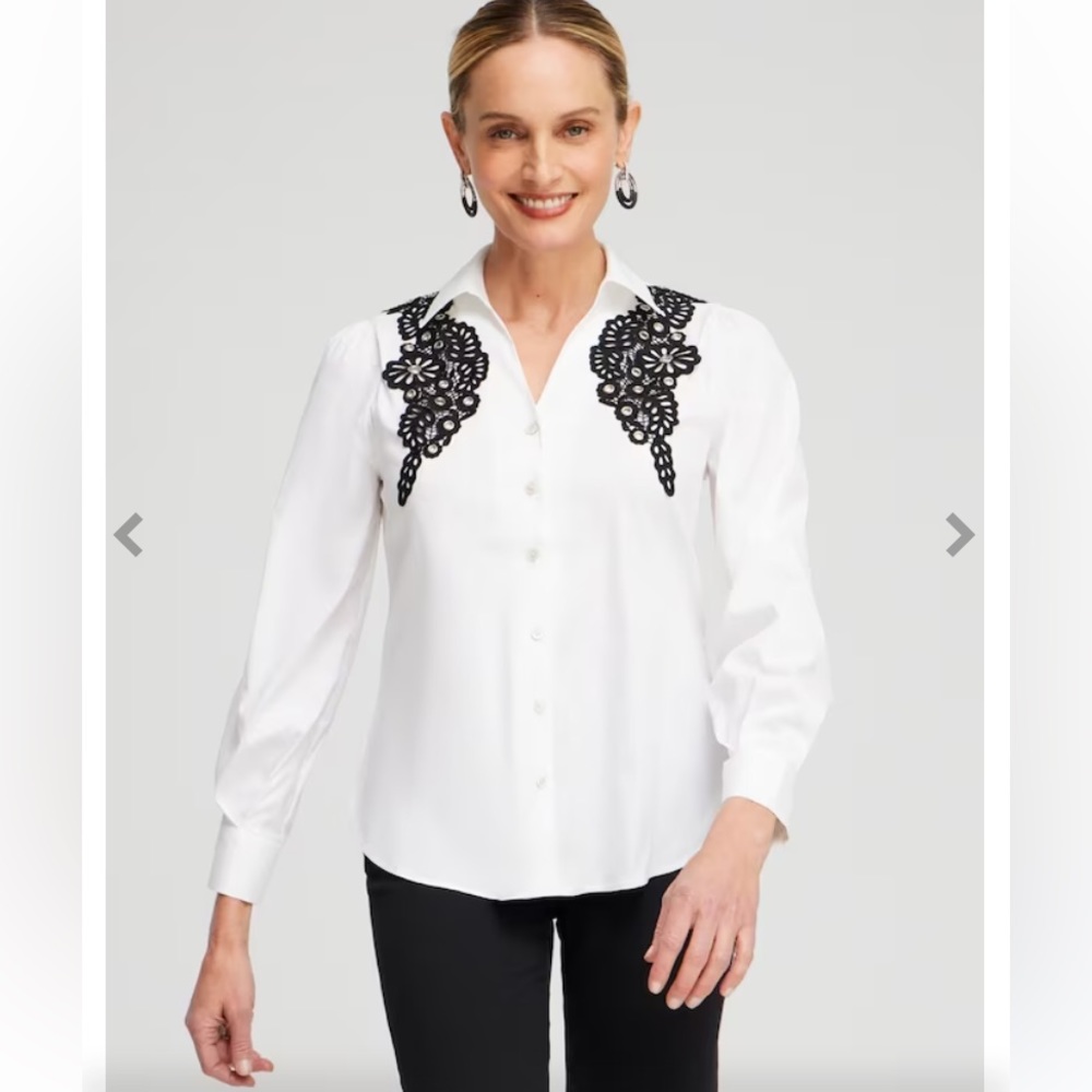 :: CHICO’S Poplin Black Lace on White Appliqué Blouse Dressy Shirt SOLD … - Picture 8 of 14